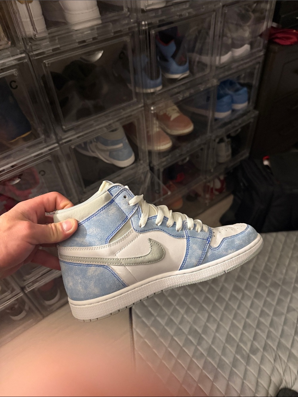 Nike Air Jordan 1 Mid White & Light Blue Tie-Dye with Silver Swoosh